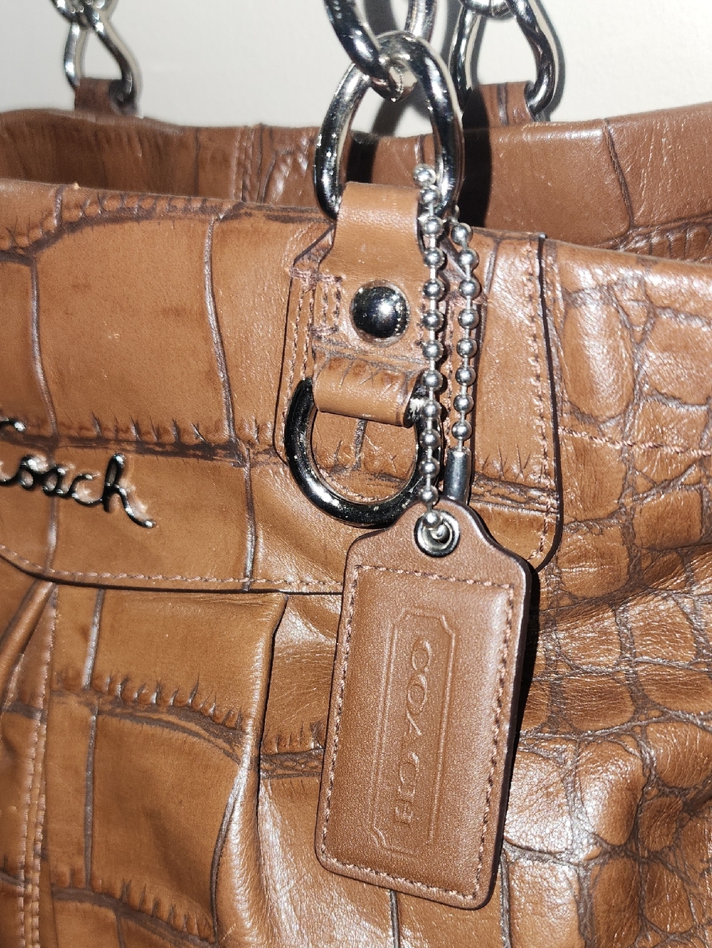 Coach Croc-Embossed Brown Leather Tote G1176-F17661 Purse - Picture 3 of 16